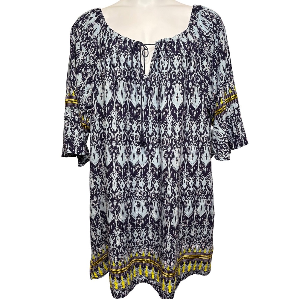 NEW LOOK Womens Blue Ikat Tunic Dress 3X Boho Bell Sleeve Flowy Hippie Moroccan